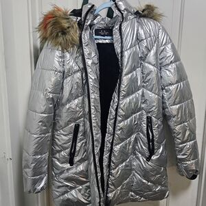 LA Coalition Metallic Silver Puffer Coat with Fur Hood